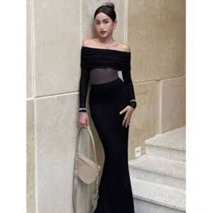 Commense Overfold Off-Shoulder Mesh Long Sleeve Long‎ Dress Size XL